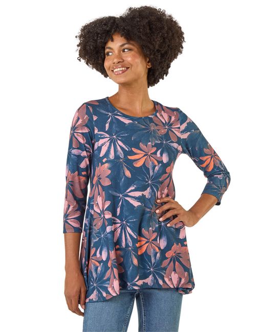 Roman Blue Floral Hanky Hem Stretch Top