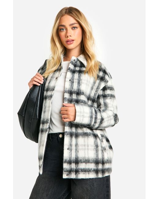 Boohoo White Check Wool Look Shacket