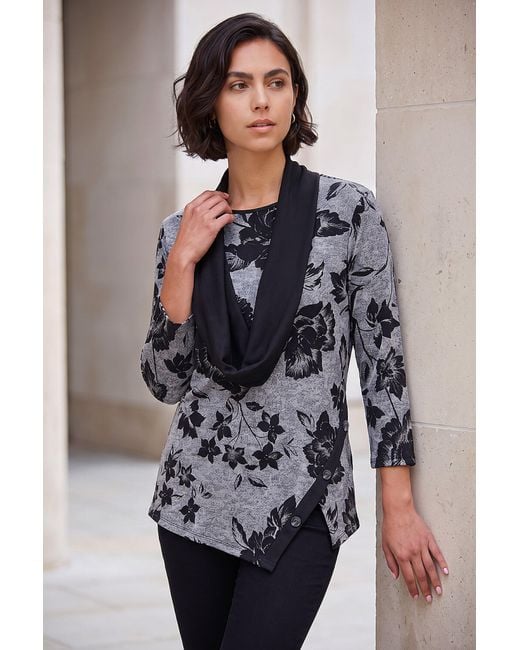 Roman Gray Floral Print Snit Scarf Tunic Top