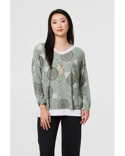 Izabel London Gray Printed Long Sleeve Top With Necklace