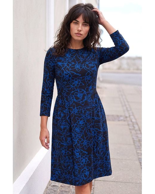 Roman Blue Floral Side Ruched Dress