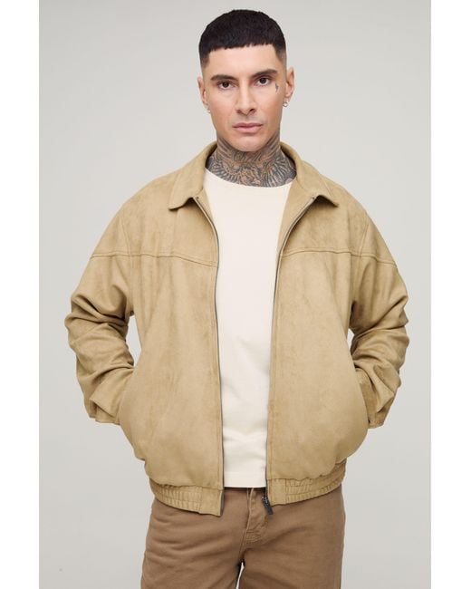 BoohooMAN Natural Tall Faux Suede Regular Fit Western Zip Up Jacket for men