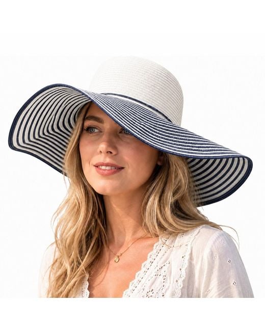 Woodland Leathers Blue Ladies Wide Brim Striped Sun Hat Foldable Adjustable Beach Hat