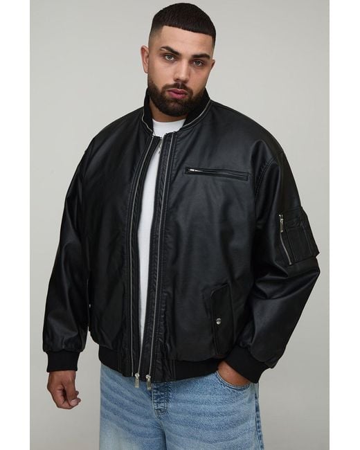 BoohooMAN Black Plus Leather Look Double Zip Oversized Ma1 Bomber Jacket for men