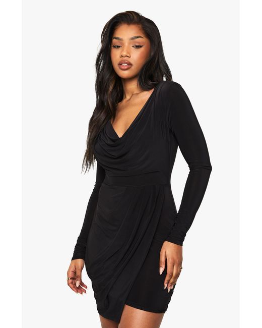Boohoo Black Slinky Rouched Wrap Mini Dress