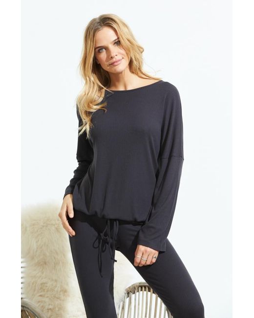 Sosandar Blue Slate Rib Drawstring Loungewear Top Viscose