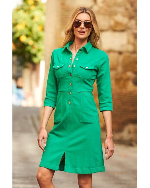 Sosandar Green Bright Popper Front 3/4 Sleeve Stretch Denim Dress Cotton