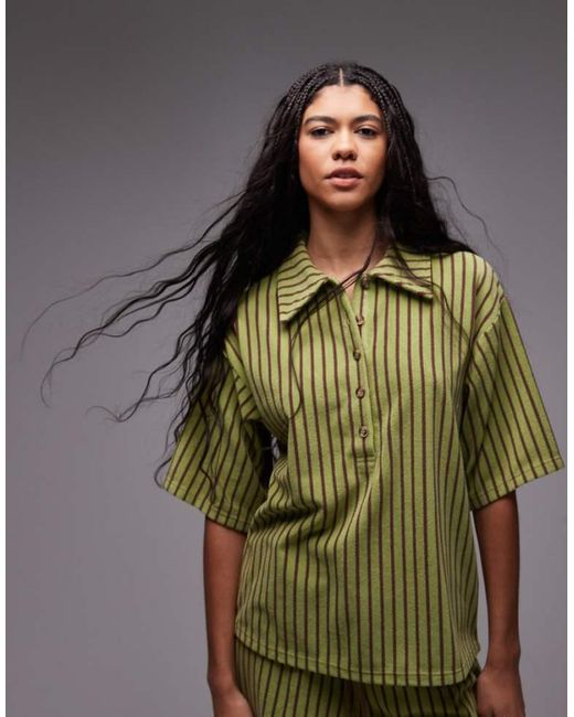 TOPSHOP Green Stripe Towelling Boxy Polo Co-Ord
