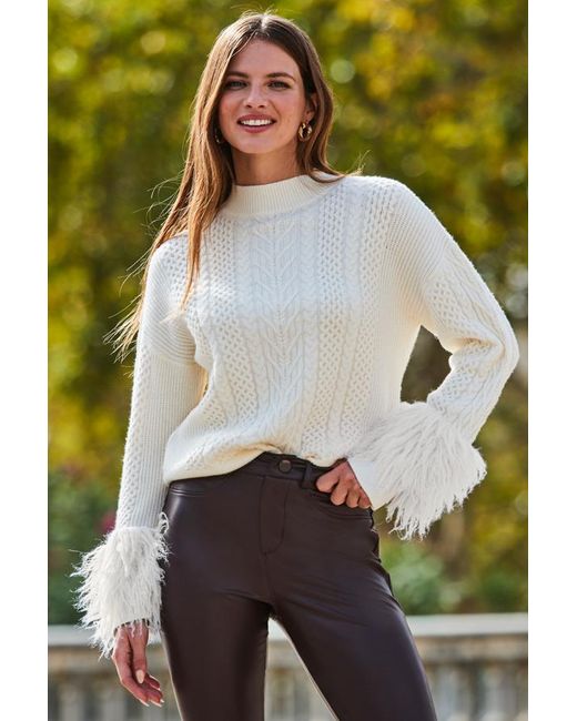 Sosandar Green Cable High Neck Faux Fur Cuff Jumper