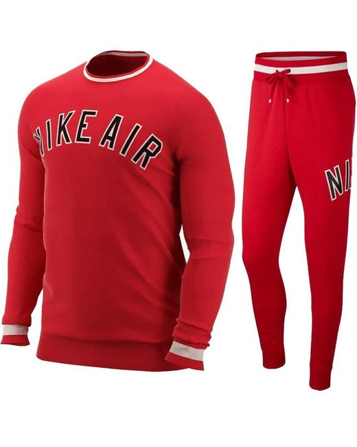 Nike Red Air Fleece Full Crewneck Tracksuit Set Cotton for men