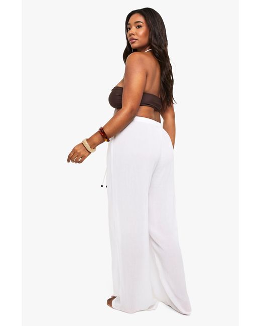 Boohoo White Plus Crinkle Beaded Wide Leg Beach Trousers