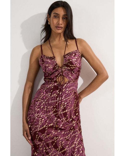 Karen Millen Red Viscose Sparkle Tie Detail Strappy Woven Maxi Dress