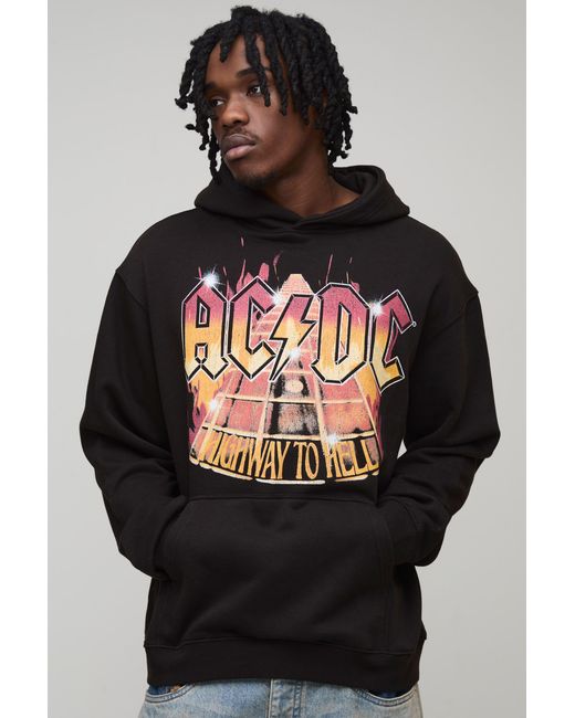BoohooMAN Black Tall Oversized Acdc Highway To Hell Print License Hoodie for men