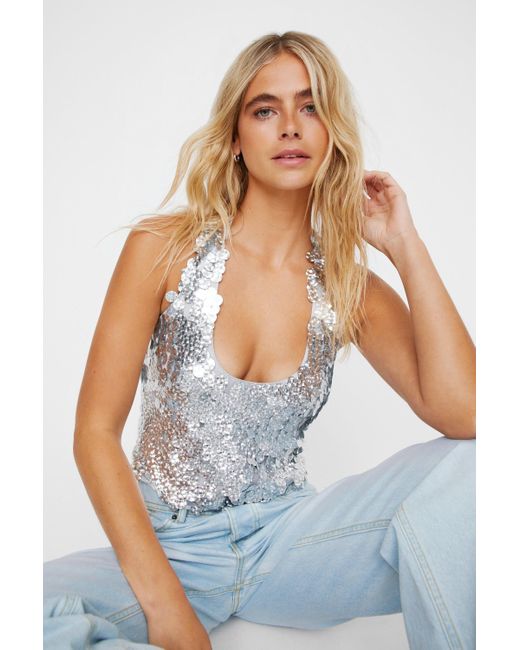 Nasty Gal White Sequin Haltnerneck Crop Top