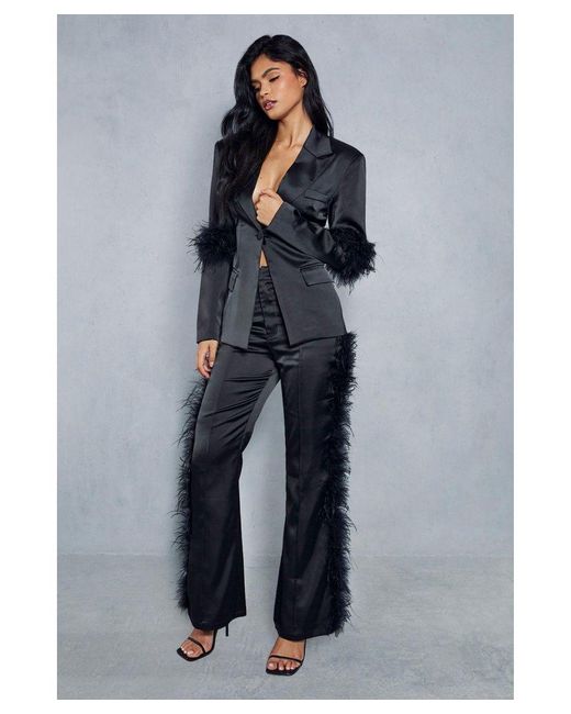 MissPap Blue Tailored Satin Feather Trim Trousers