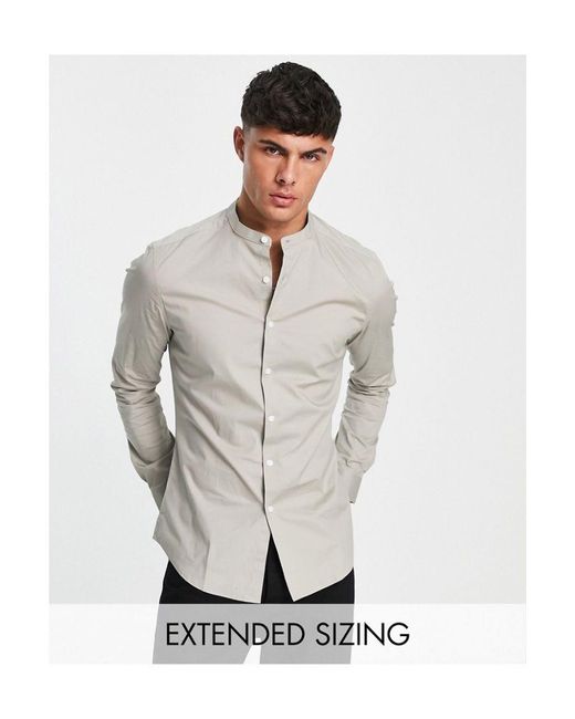 ASOS White Stretch Skinny Fit Shirt With Grandad Collar for men