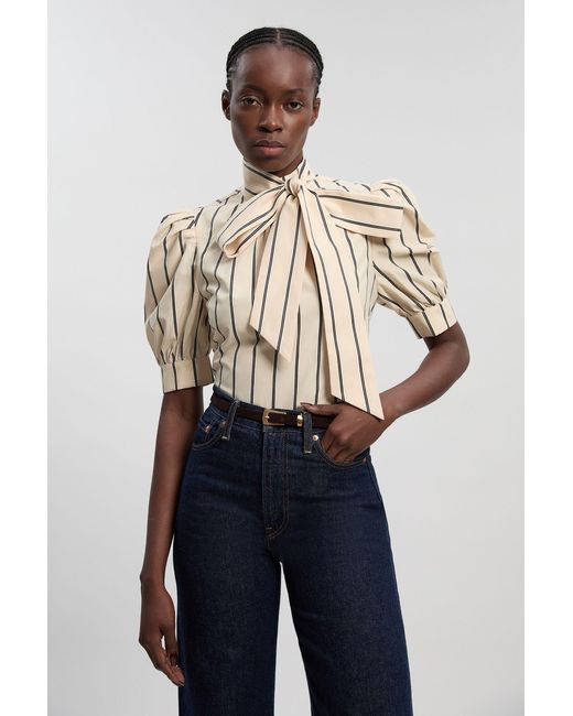 Karen Millen Blue Mono Stripe Cotton Poplin Pussy Bow Puff Sleeve Woven Blouse