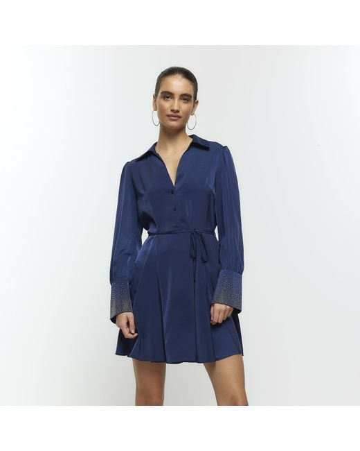 River Island Blue Mini Shirt Dress Diamante Cuff