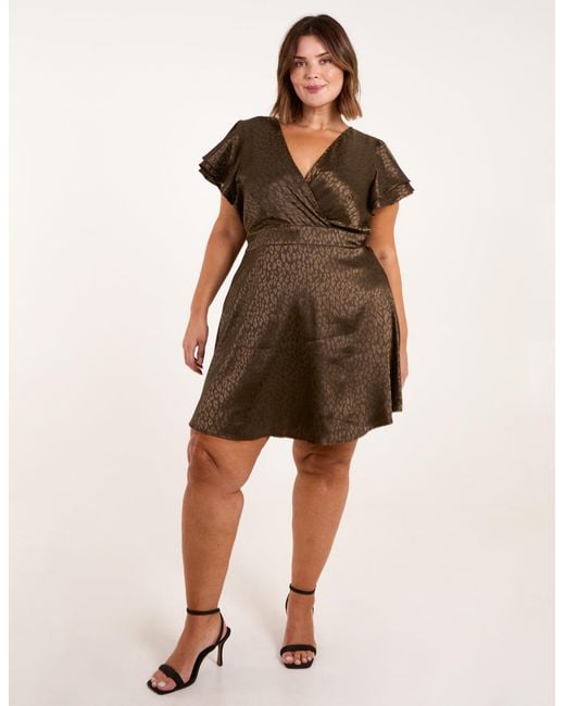 Blue Vanilla Brown Curve Leopard Jacquard Frill Sleeve Mini Dress