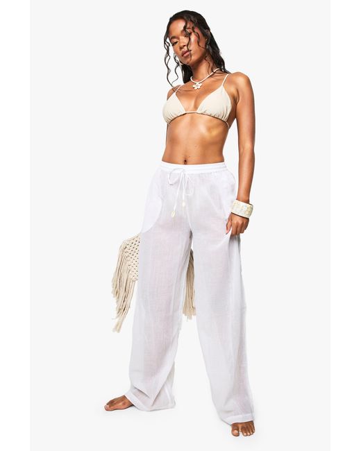 Boohoo White Shell Trim Wide Leg Beach Trousers
