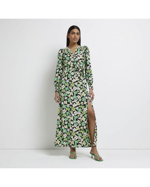River Island Wrap Maxi Dress Green Floral