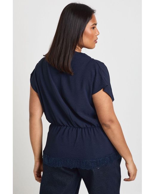 Boohoo Blue Plus Knot Cowl Neck Lace Trim Blouse