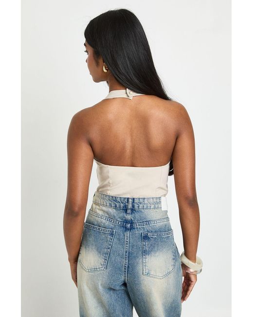 Boohoo Blue Bengaline Halterneck Cut Out Corset Top