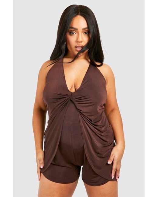 Boohoo Brown Plus Slinky Knot Detail Strappy Playsuit