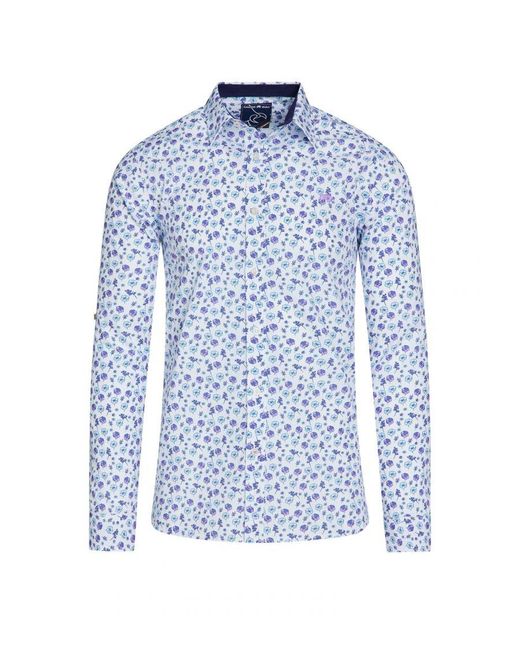 Raging Bull Blue Long Sleeve Flower Pattern Poplin Shirt for men