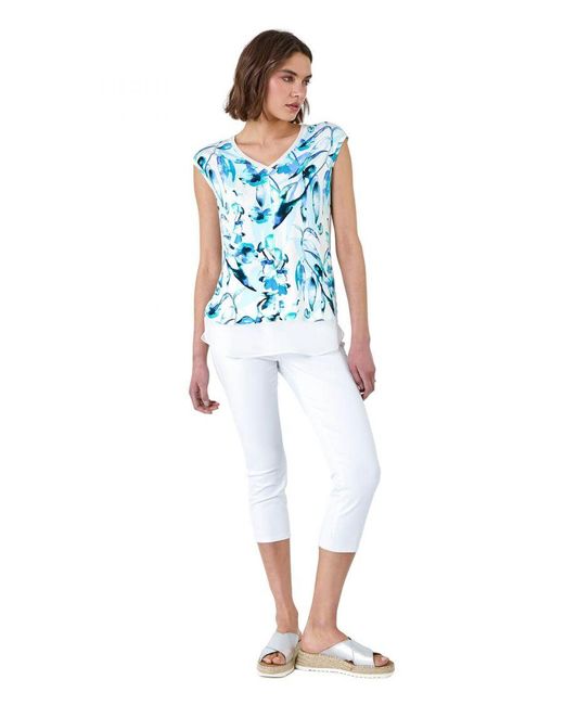 Roman Blue Floral Print V-Neck Chiffon Hem T-Shirt