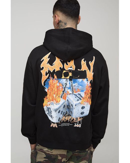 BoohooMAN Black Tall Oversized Gothic Dice Graphic Hoodie for men