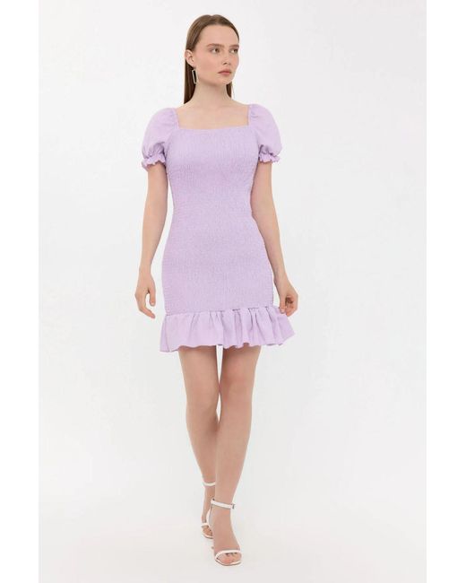 Hiccup Purple Ribbed Ruffled Square Neck Mini Dress With Balloon Sleeves