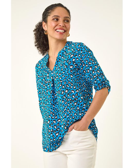Roman Blue Animal Print Woven Top