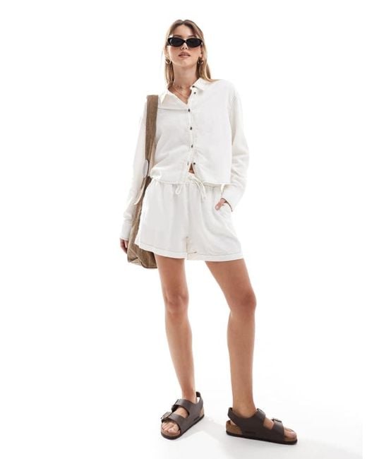 ONLY White Linen Blend Cropped Shirt Co-Ord With Contrast Stitch
