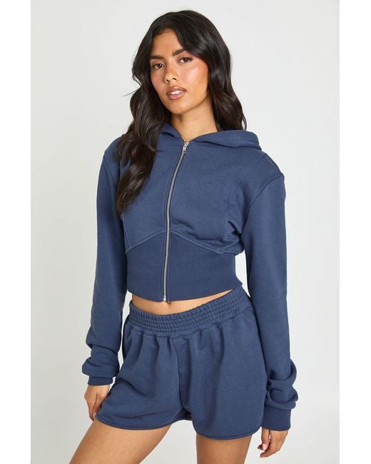 Boohoo Blue Loopback Seam Detail Zip Through Hooded Short Tracksuit