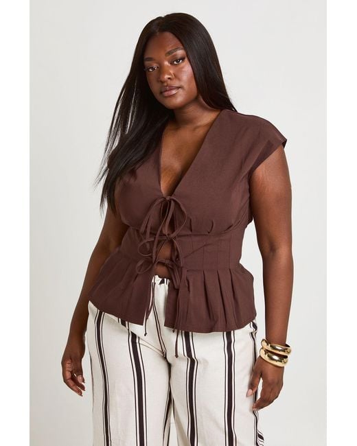Boohoo Brown Plus Super Stretch Tie Detail Top