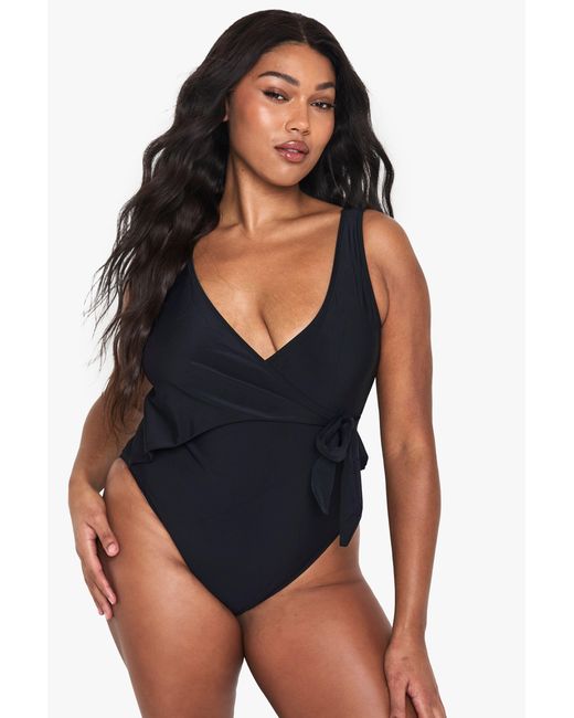 Boohoo Blue Plus Swimwear Essentials Tummy Control Wrap Swimsuit
