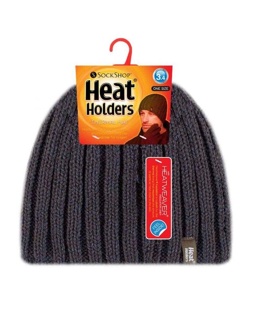 Heat Holders Black Fleece Lined Ribbed Winter Hat for men