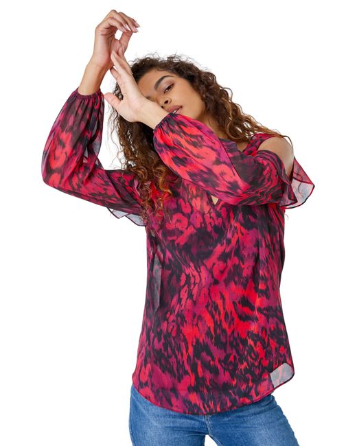 Roman Red Animal Cold Shoulder Frill Top