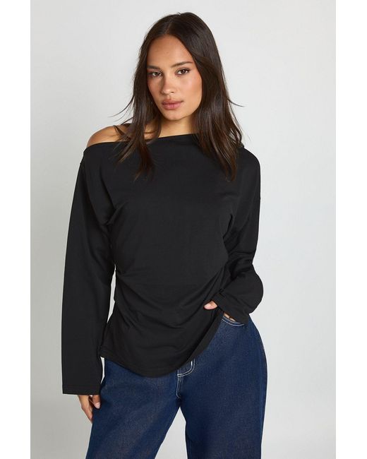 Boohoo Black Cinched Waist Off Shoulder T-Shirt