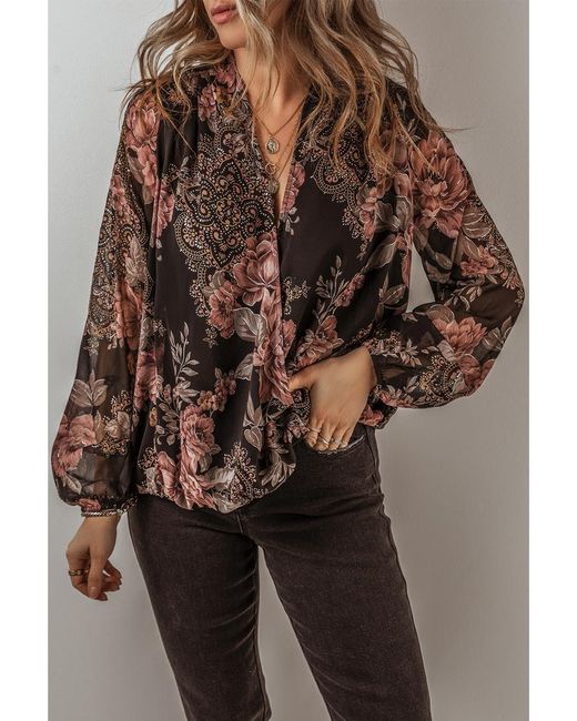 Azura Exchange Zwarte Bloemenprint Criss Cross V-hals Ballonmouw Blouse in het Brown
