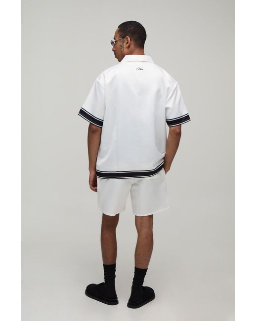 BoohooMAN Gray Oversized Half Sleeve Off Season Print Satin Shirt & Short Set for men