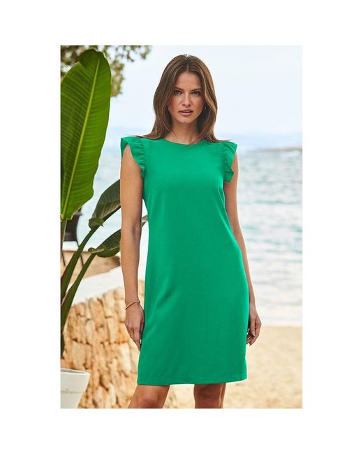 Sosandar Green Jade Ruffle Shoulder Shift Dress