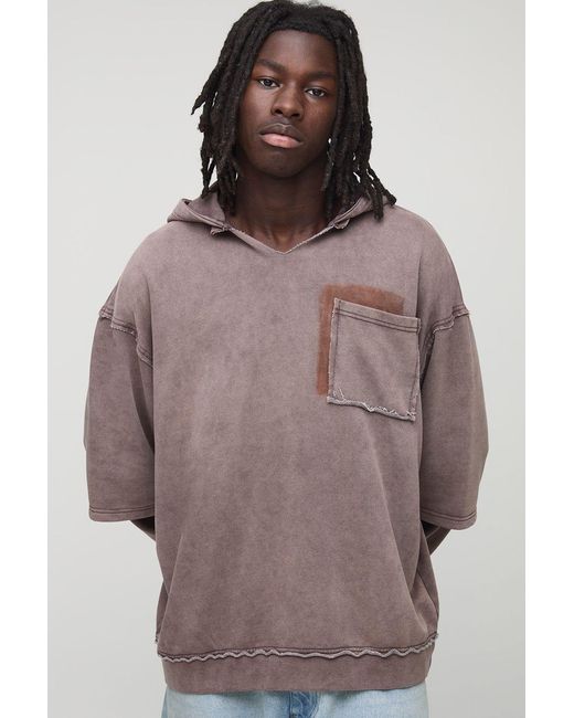 BoohooMAN Brown Coffee Oversized Stone Washed Raw Collar Pocket Hoodie for men