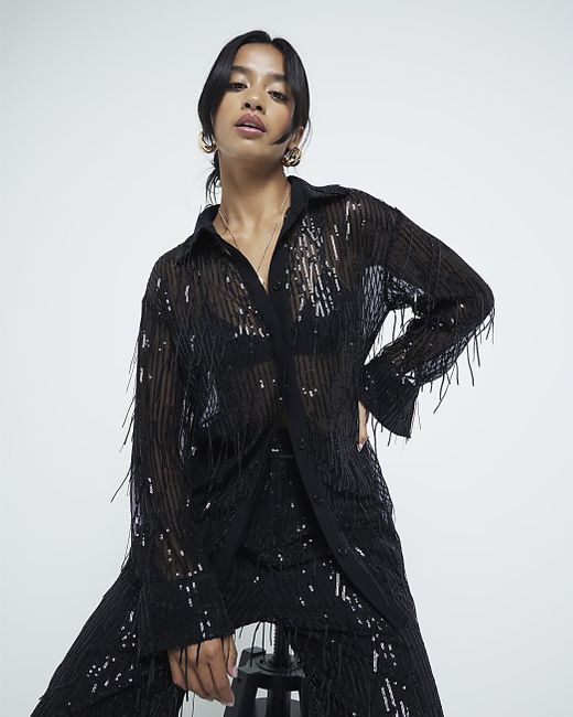 River Island Black Shirt Petite Sequin Fringe