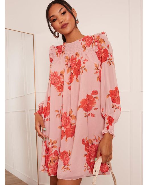 Chi Chi London Red Long Sleeve Floral Printed Mini Dress