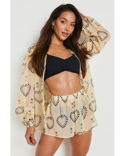 Boohoo Brown Milagro Heart Print Shirt & Short Beach Co-Ord