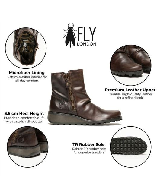 Fly London Brown Leather Wedge Ankle Zip Boots