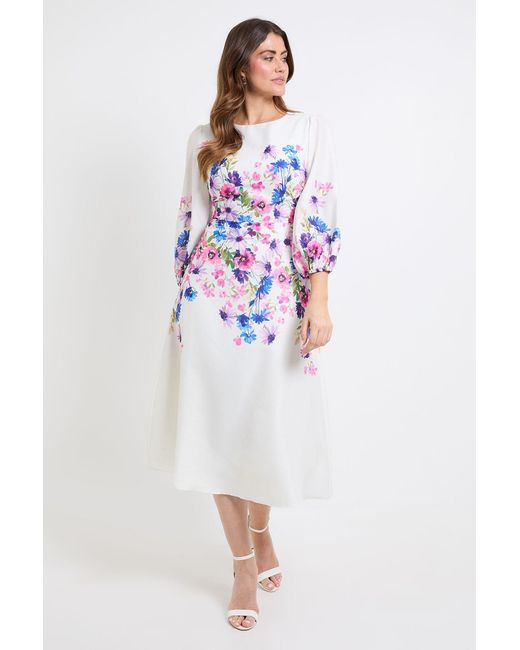 Wallis White Floral Balloon Sleeve Midi Dress