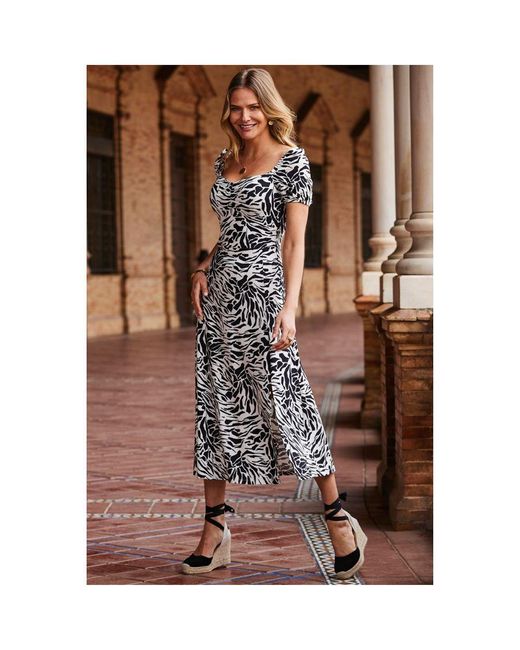 Sosandar Brown Abstract Print Sweetheart Neckline Midi Jersey Dress